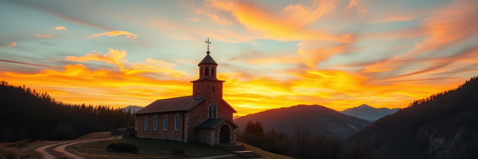 A small stone church, topped with a cross, is situated on a hill overlooking a mountainous landscape